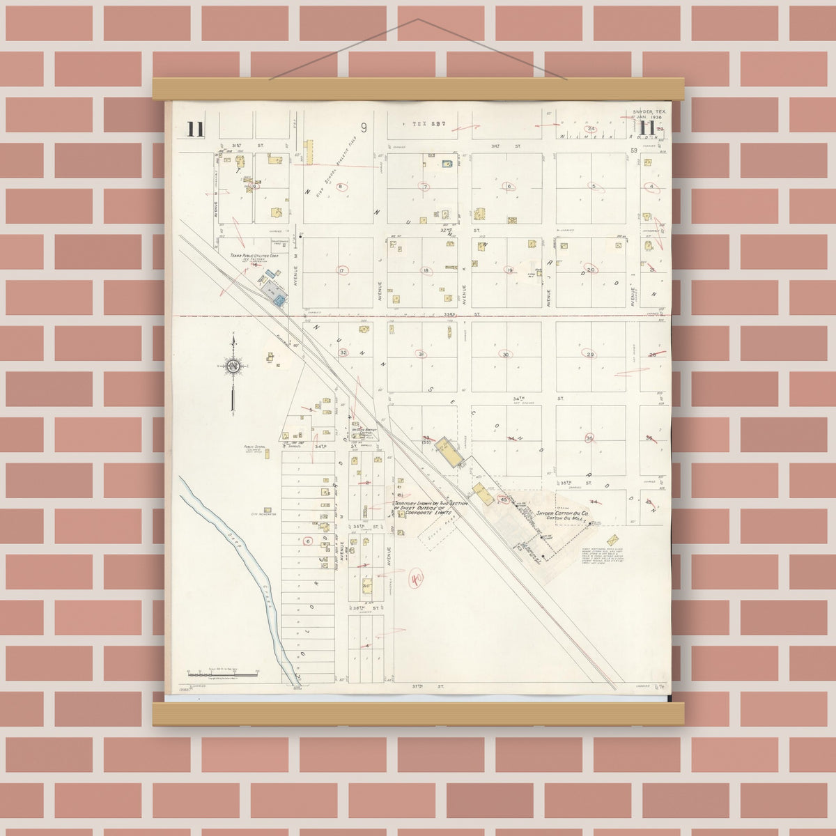 Old map wall art mockup — magnetic wood frame on brick wall — Sanborn Fire Insurance Map from Snyder, Scurry County, Texas (1942), Sheet #0011