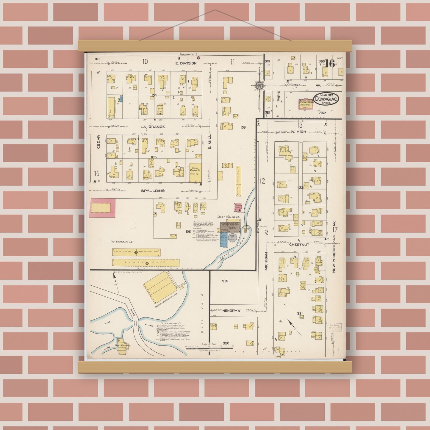 Old map wall art mockup — magnetic wood frame on brick wall — Sanborn Fire Insurance Map from Dowagiac, Cass County, Michigan (1922), Sheet #0016