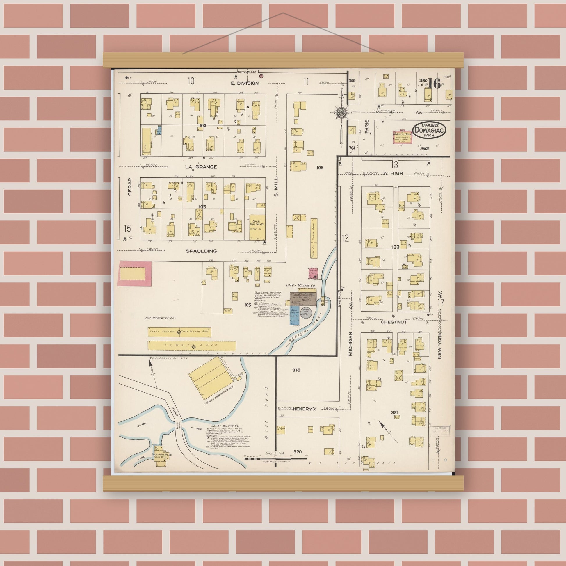 Old map wall art mockup — magnetic wood frame on brick wall — Sanborn Fire Insurance Map from Dowagiac, Cass County, Michigan (1922), Sheet #0016