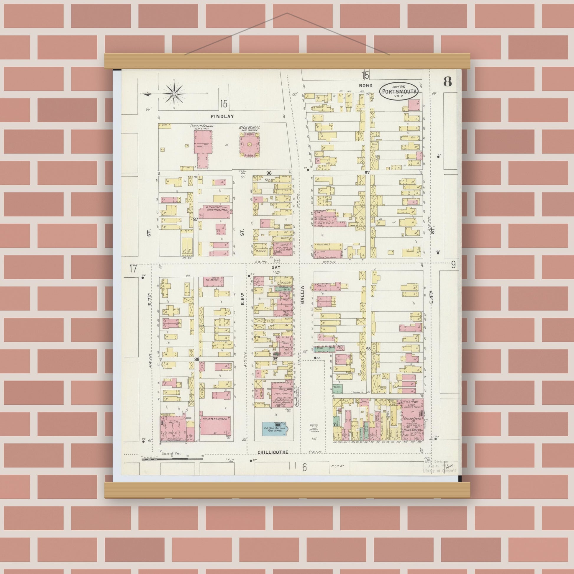 Old map wall art mockup — magnetic wood frame on brick wall — Sanborn Fire Insurance Map from Portsmouth, Scioto County, Ohio (1897), Sheet #0008