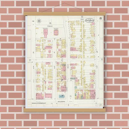 Old map wall art mockup — magnetic wood frame on brick wall — Sanborn Fire Insurance Map from Portsmouth, Scioto County, Ohio (1897), Sheet #0008