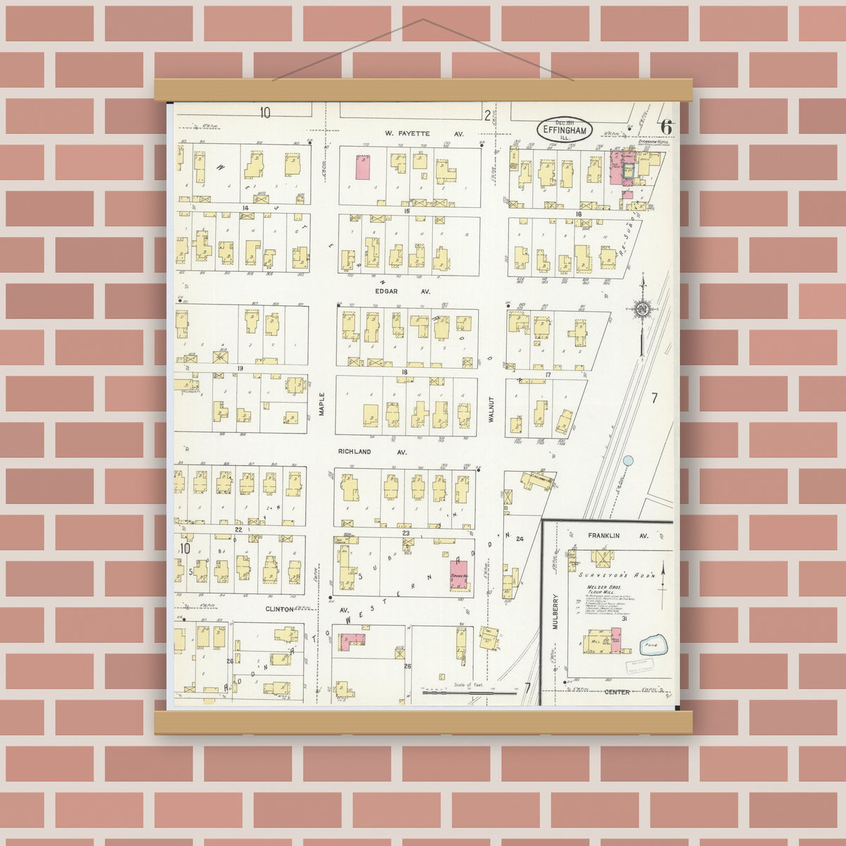 Old map wall art mockup — magnetic wood frame on brick wall — Sanborn Fire Insurance Map from Effingham, Effingham County, Illinois (1911), Sheet #0006