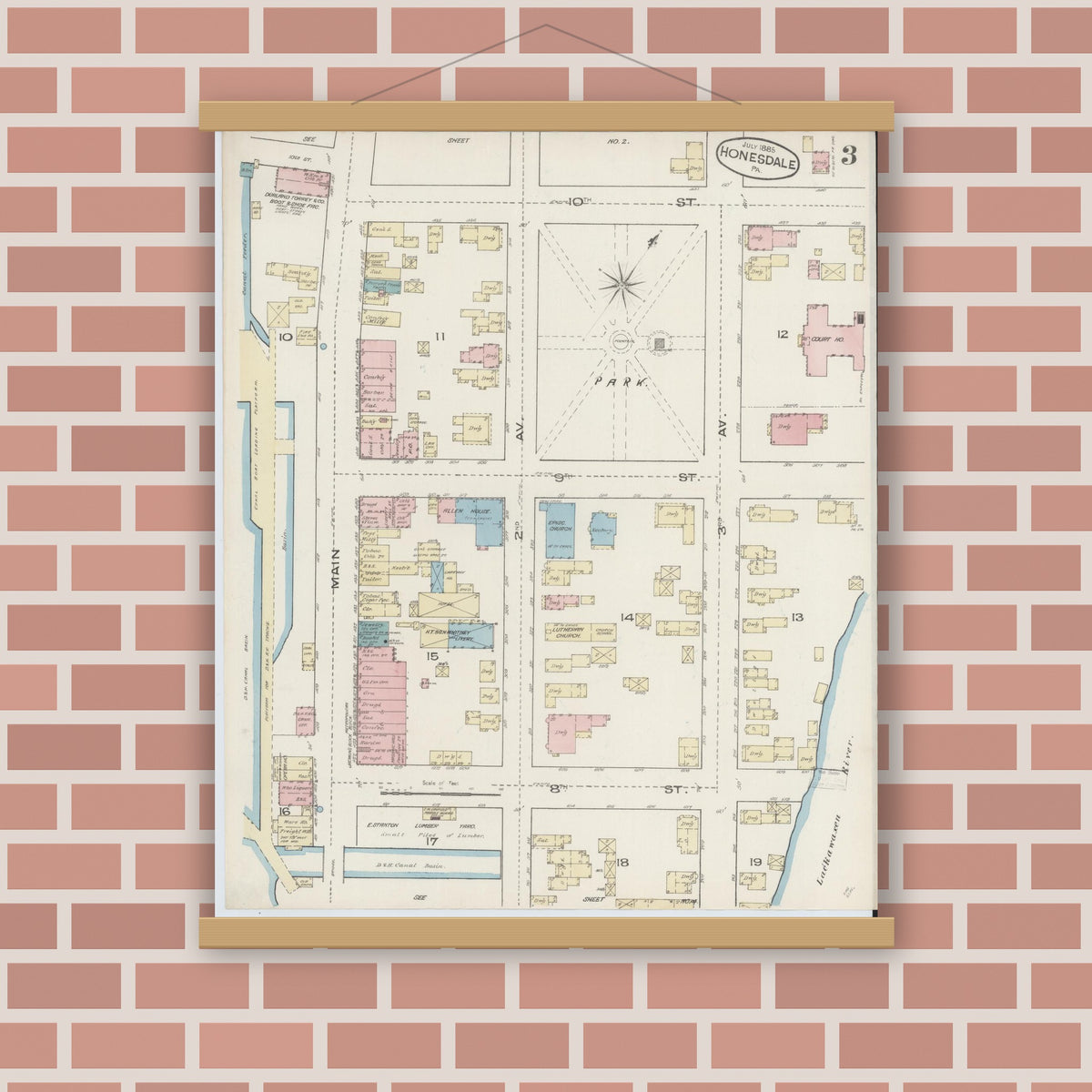 Old map wall art mockup — magnetic wood frame on brick wall — Sanborn Fire Insurance Map from Honesdale, Wayne County, Pennsylvania (1885), Sheet #0003
