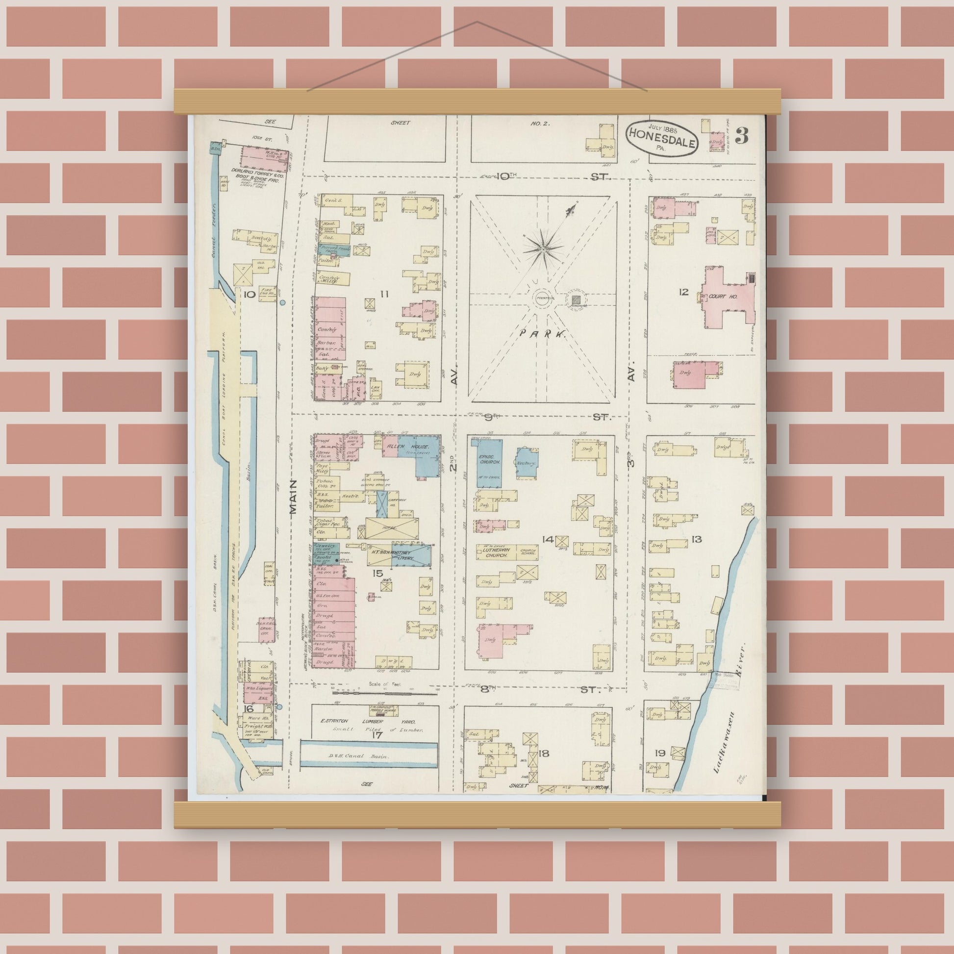 Old map wall art mockup — magnetic wood frame on brick wall — Sanborn Fire Insurance Map from Honesdale, Wayne County, Pennsylvania (1885), Sheet #0003