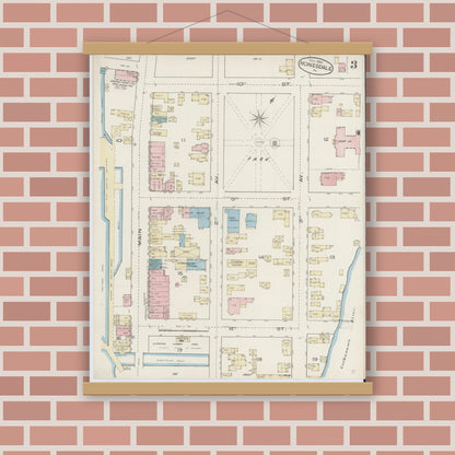 Old map wall art mockup — magnetic wood frame on brick wall — Sanborn Fire Insurance Map from Honesdale, Wayne County, Pennsylvania (1885), Sheet #0003