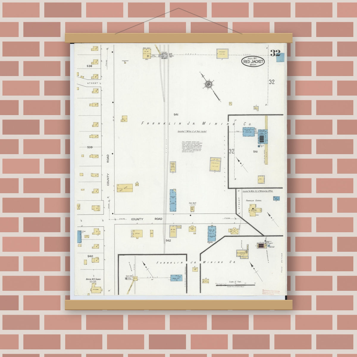 Old map wall art mockup — magnetic wood frame on brick wall — Sanborn Fire Insurance Map from Red Jacket, Houghton County, Michigan (1917), Sheet #0032