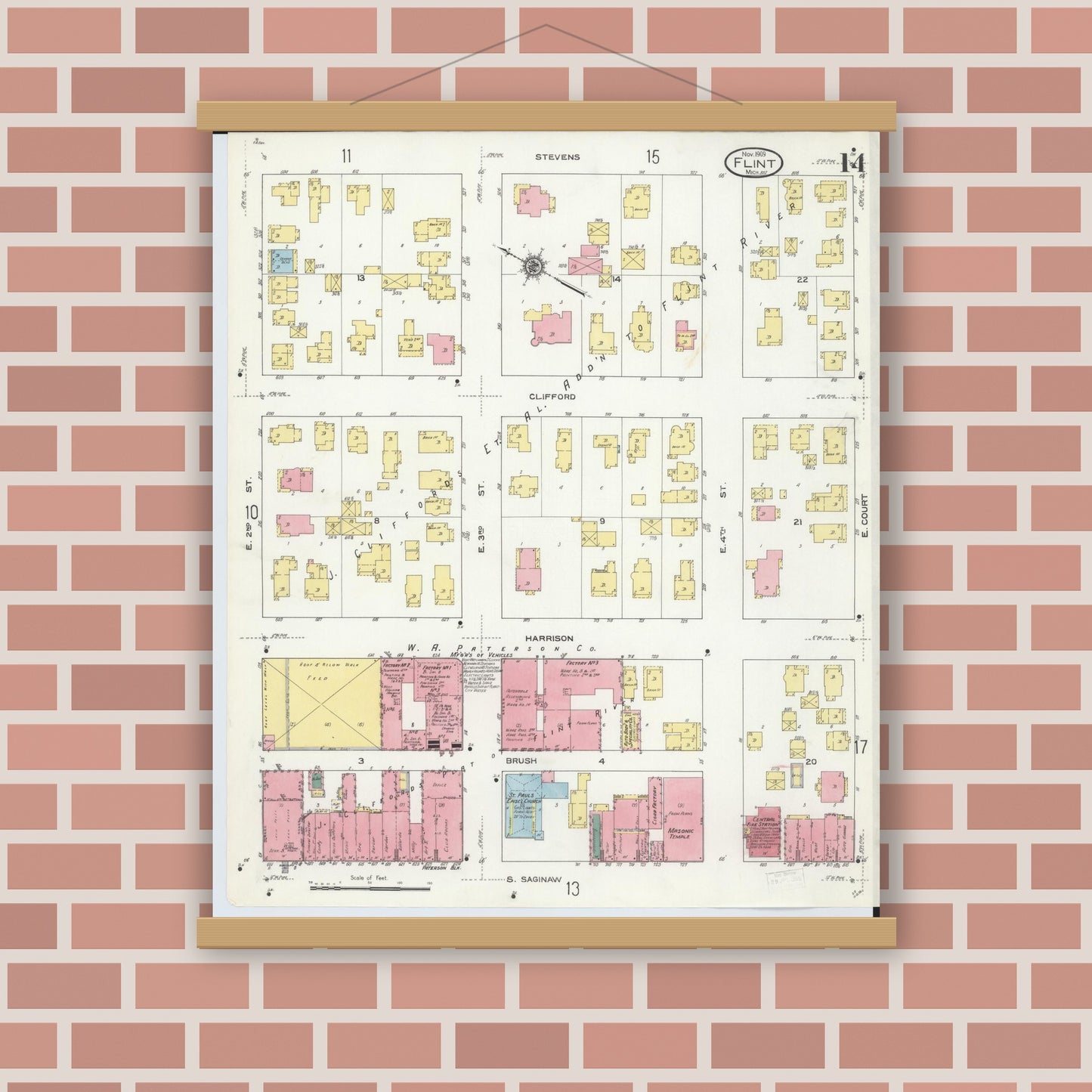 Old map wall art mockup — magnetic wood frame on brick wall — Sanborn Fire Insurance Map from Flint, Genesee County, Michigan (1909), Sheet #0014