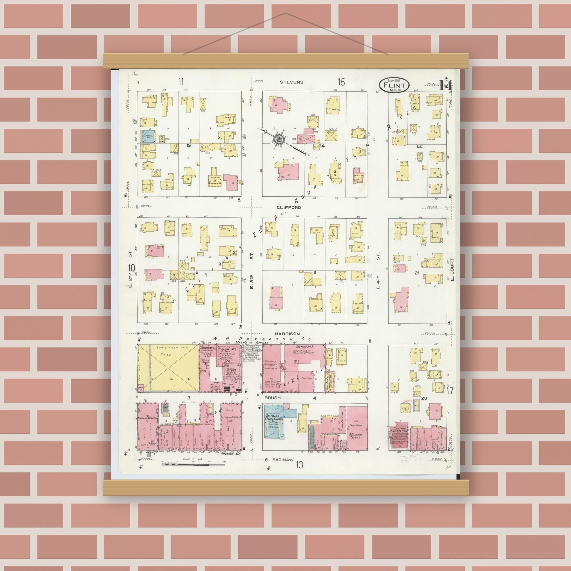 Old map wall art mockup — magnetic wood frame on brick wall — Sanborn Fire Insurance Map from Flint, Genesee County, Michigan (1909), Sheet #0014
