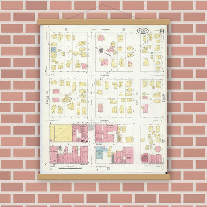 Old map wall art mockup — magnetic wood frame on brick wall — Sanborn Fire Insurance Map from Flint, Genesee County, Michigan (1909), Sheet #0014