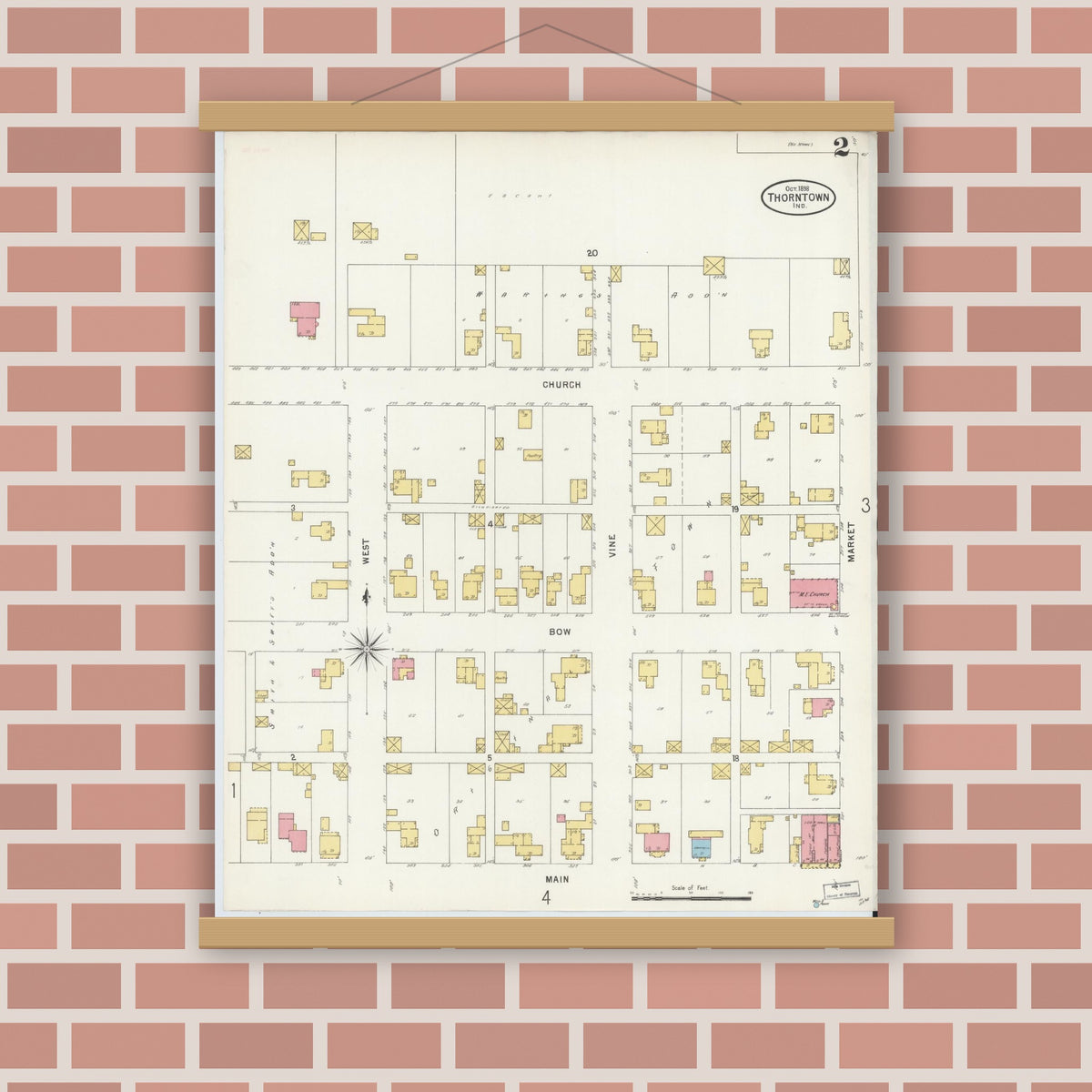 Old map wall art mockup — magnetic wood frame on brick wall — Sanborn Fire Insurance Map from Thorntown, Boone County, Indiana (1898), Sheet #0002