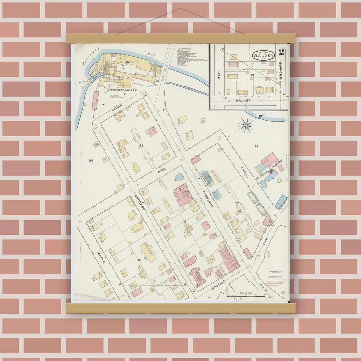 Old map wall art mockup — magnetic wood frame on brick wall — Sanborn Fire Insurance Map from Walden, Orange County, New York (1894), Sheet #0002