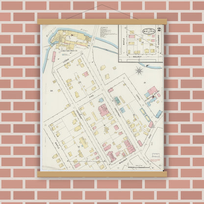 Old map wall art mockup — magnetic wood frame on brick wall — Sanborn Fire Insurance Map from Walden, Orange County, New York (1894), Sheet #0002