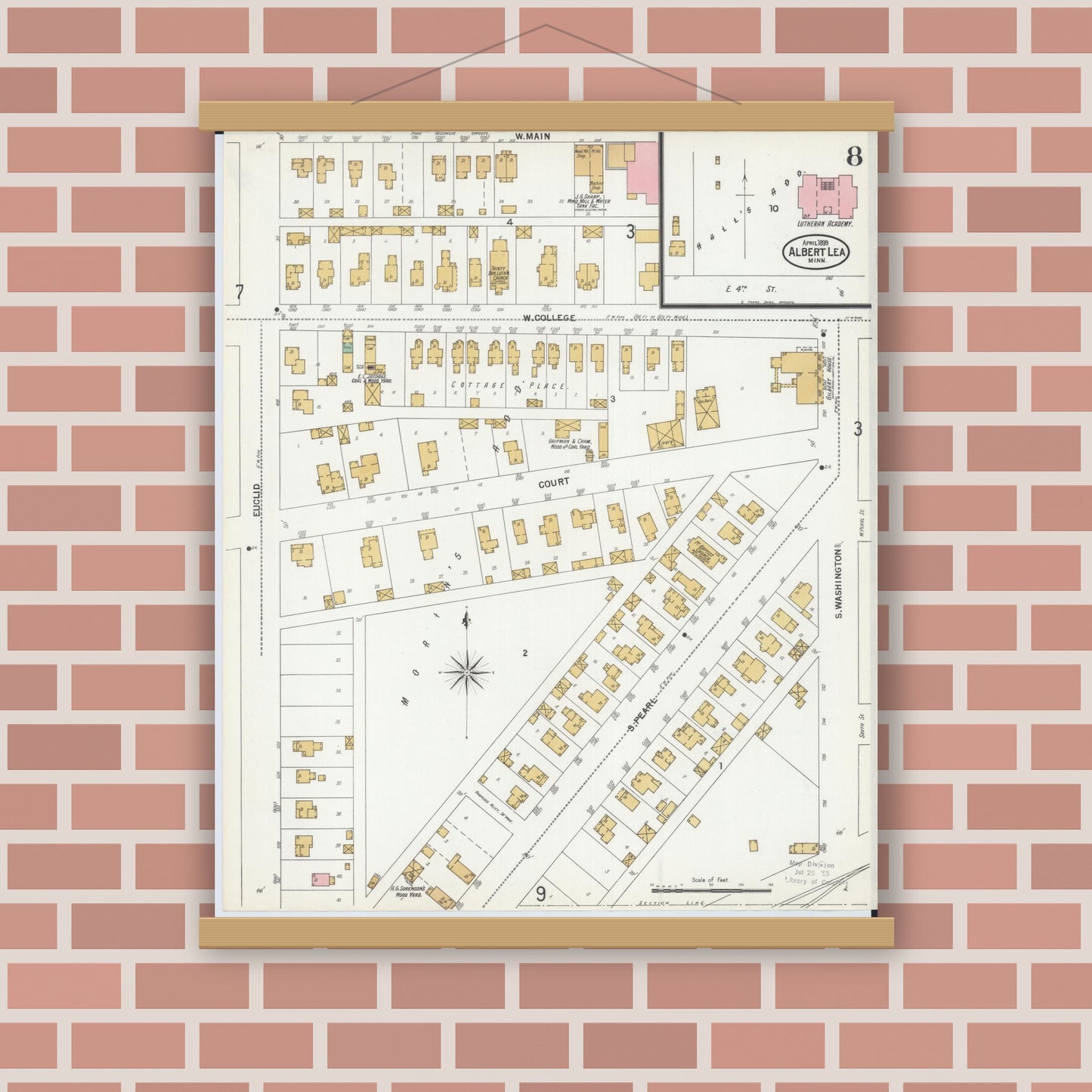 Old map wall art mockup — magnetic wood frame on brick wall — Sanborn Fire Insurance Map from Albert Lea, Freeborn County, Minnesota (1899), Sheet #0008