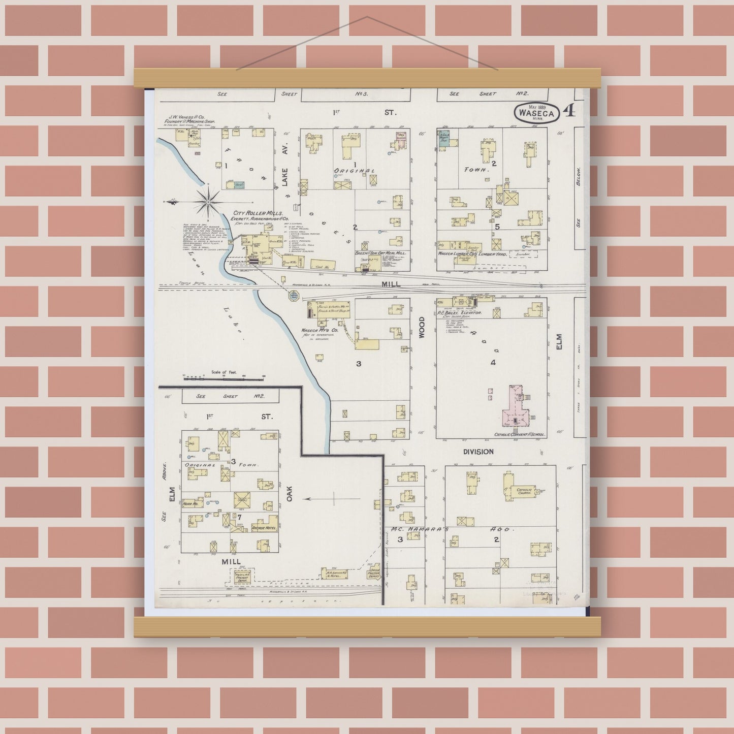 Old map wall art mockup — magnetic wood frame on brick wall — Sanborn Fire Insurance Map from Waseca, Waseca County, Minnesota (1889), Sheet #0004