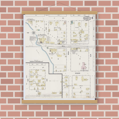 Old map wall art mockup — magnetic wood frame on brick wall — Sanborn Fire Insurance Map from Waseca, Waseca County, Minnesota (1889), Sheet #0004