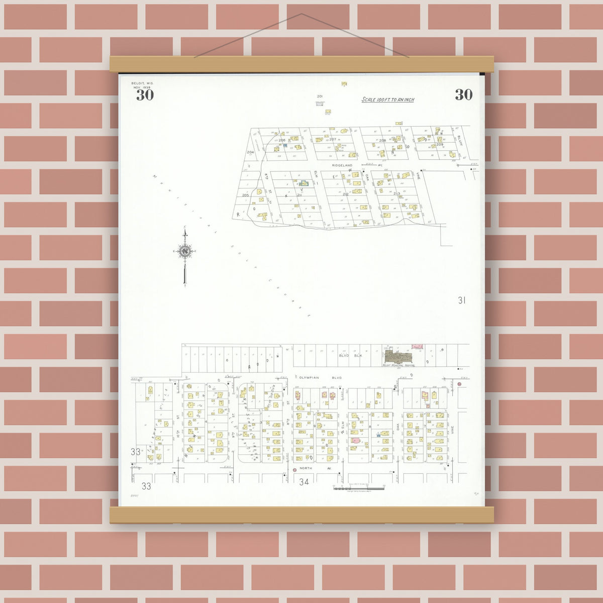 Old map wall art mockup — magnetic wood frame on brick wall — Sanborn Fire Insurance Map from Beloit, Rock County, Wisconsin (1939), Sheet #0030