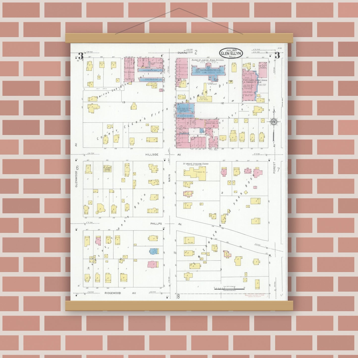 Old map wall art mockup — magnetic wood frame on brick wall — Sanborn Fire Insurance Map from Glen Ellyn, Du Page County, Illinois (1929), Sheet #0003