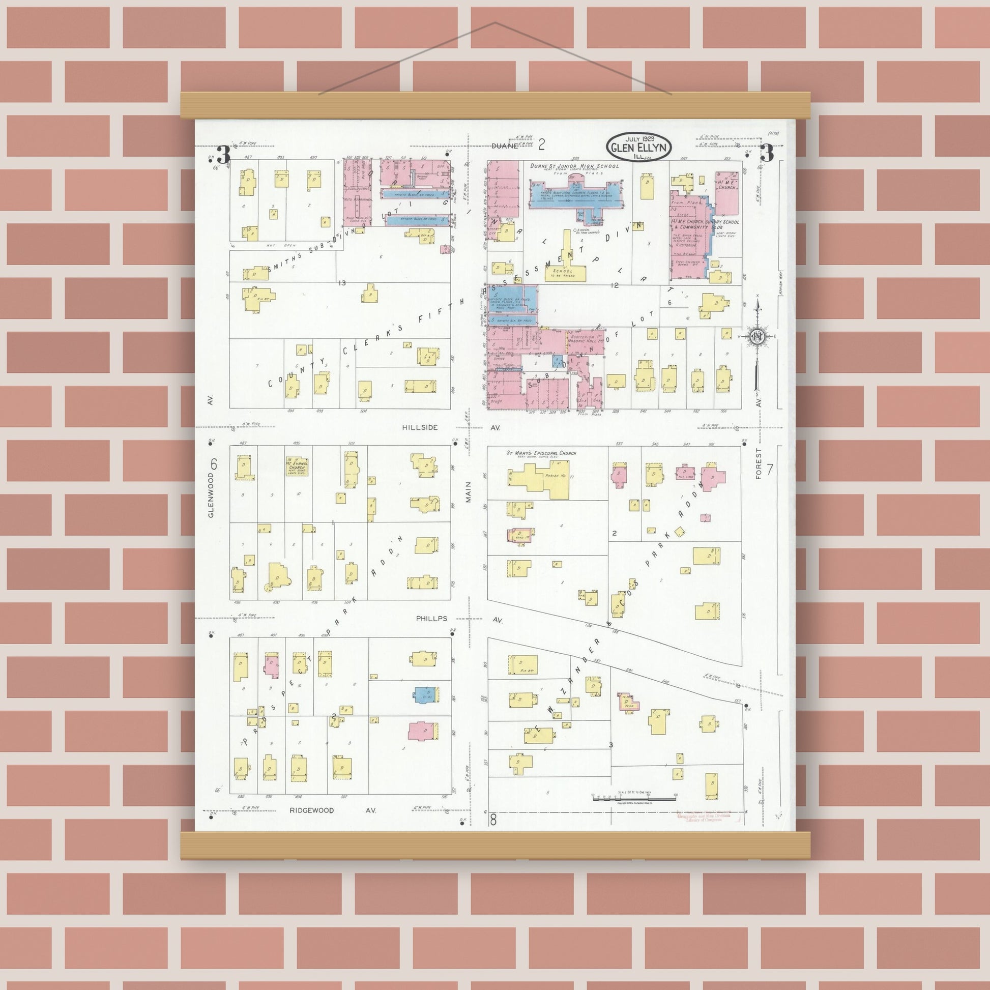 Old map wall art mockup — magnetic wood frame on brick wall — Sanborn Fire Insurance Map from Glen Ellyn, Du Page County, Illinois (1929), Sheet #0003