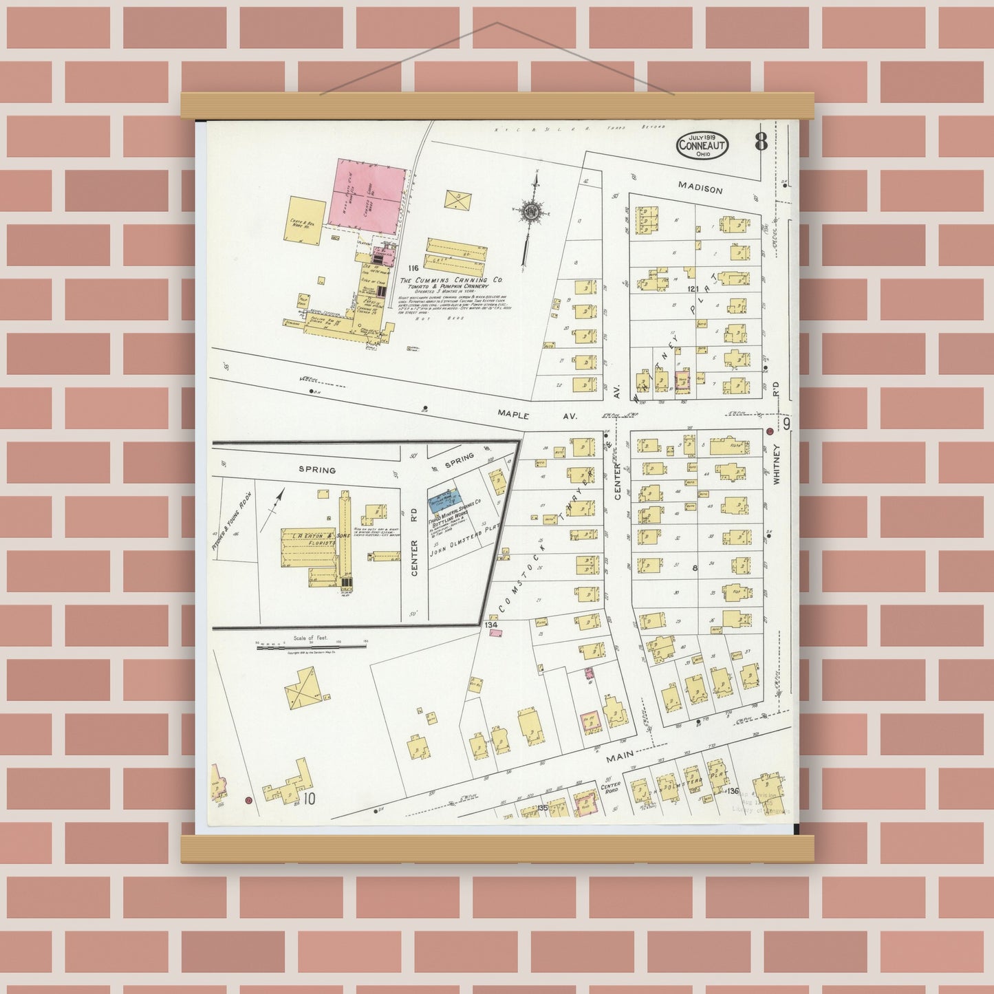Old map wall art mockup — magnetic wood frame on brick wall — Sanborn Fire Insurance Map from Conneaut, Ashtabula County, Ohio (1919), Sheet #0008