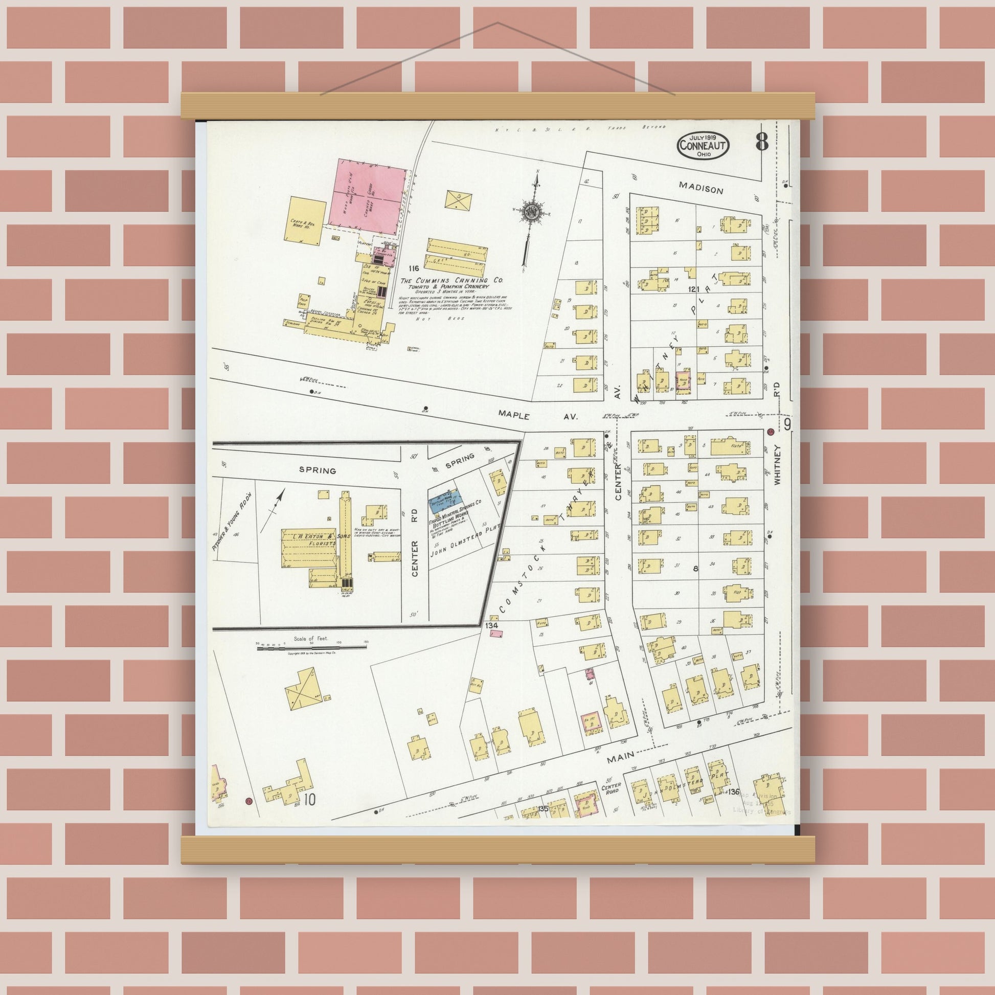 Old map wall art mockup — magnetic wood frame on brick wall — Sanborn Fire Insurance Map from Conneaut, Ashtabula County, Ohio (1919), Sheet #0008