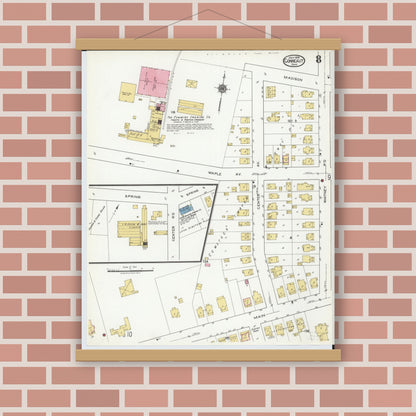 Old map wall art mockup — magnetic wood frame on brick wall — Sanborn Fire Insurance Map from Conneaut, Ashtabula County, Ohio (1919), Sheet #0008