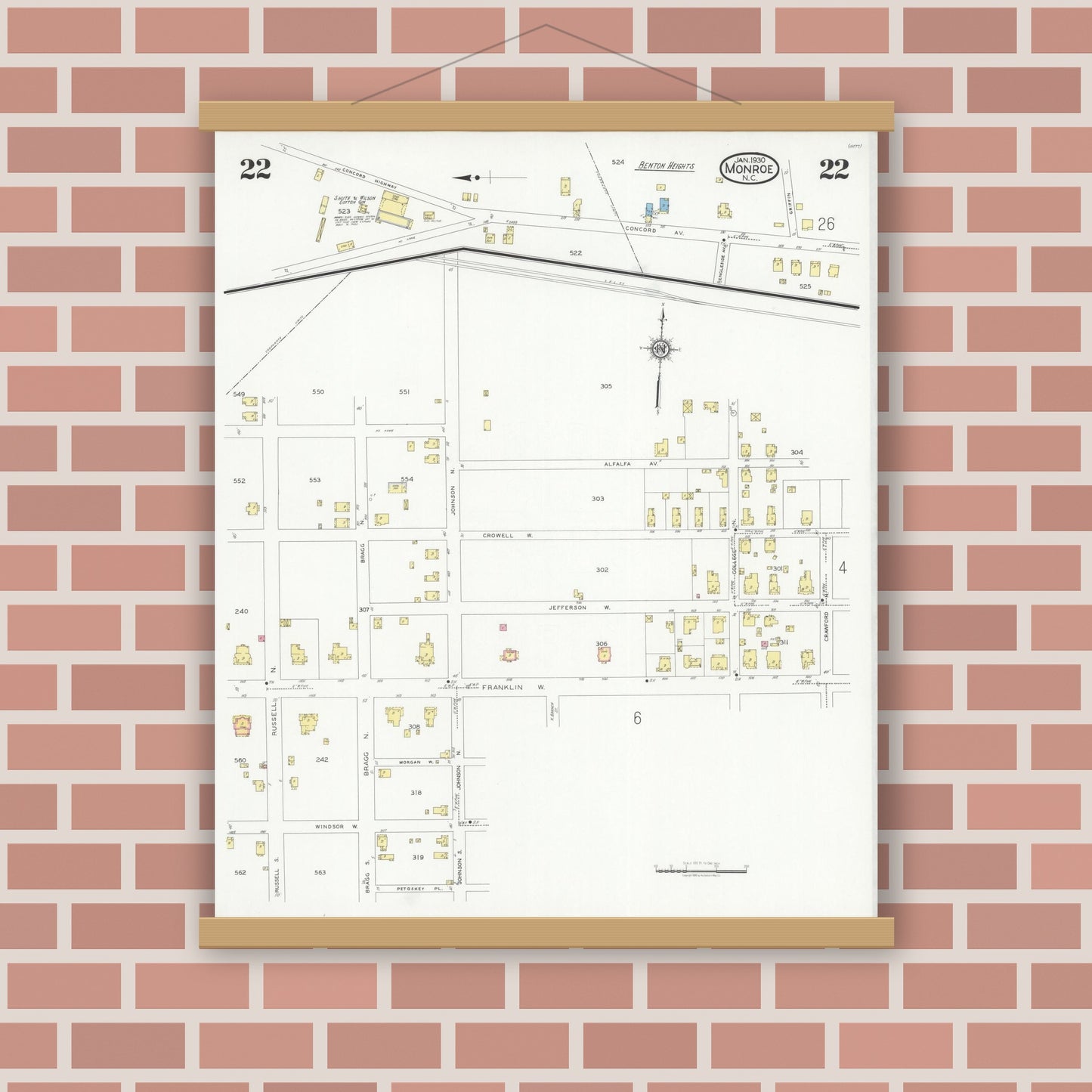 Old map wall art mockup — magnetic wood frame on brick wall — Sanborn Fire Insurance Map from Monroe, Union County, North Carolina (1930), Sheet #0022