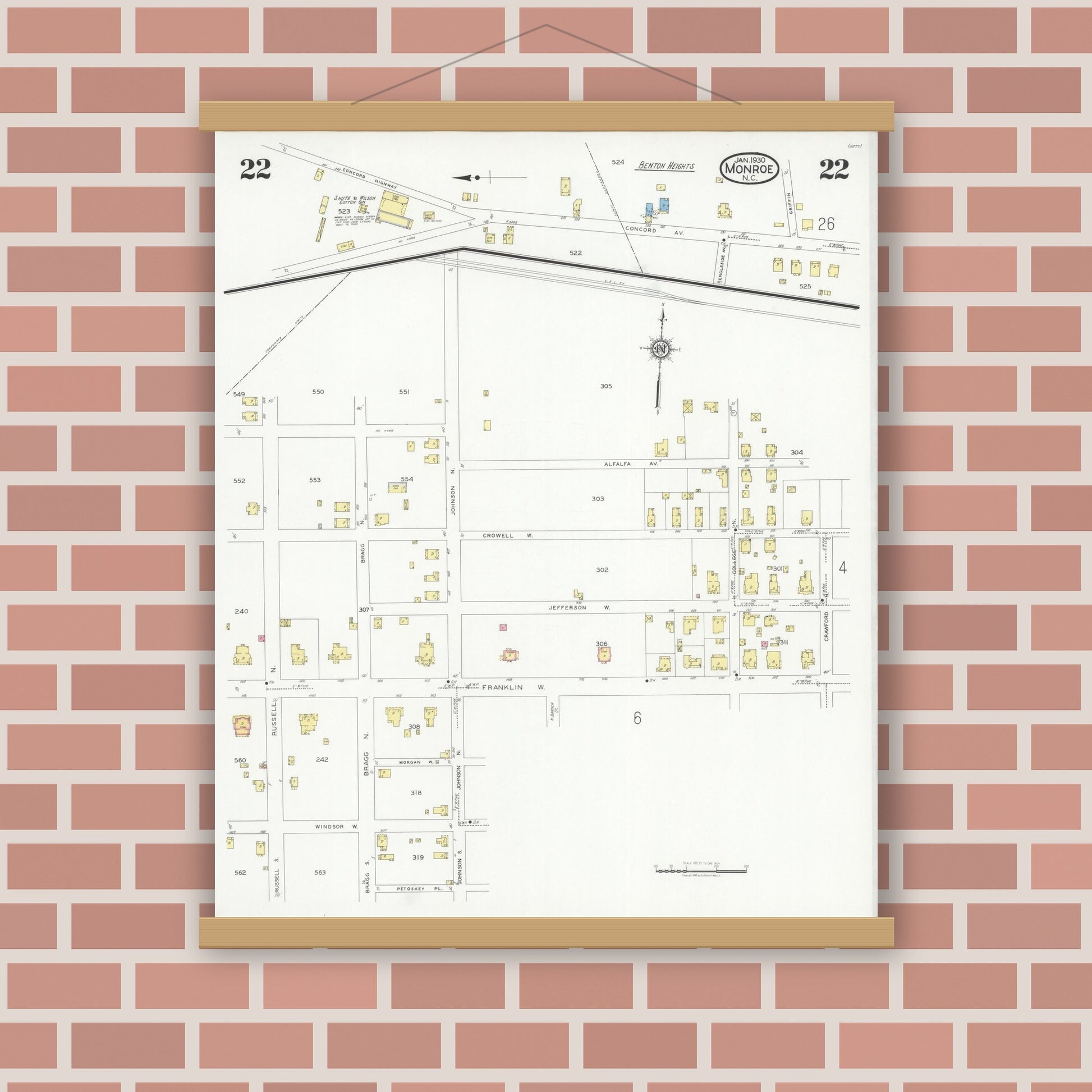 Old map wall art mockup — magnetic wood frame on brick wall — Sanborn Fire Insurance Map from Monroe, Union County, North Carolina (1930), Sheet #0022