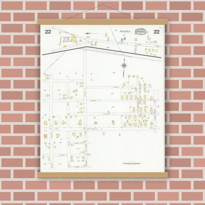Old map wall art mockup — magnetic wood frame on brick wall — Sanborn Fire Insurance Map from Monroe, Union County, North Carolina (1930), Sheet #0022