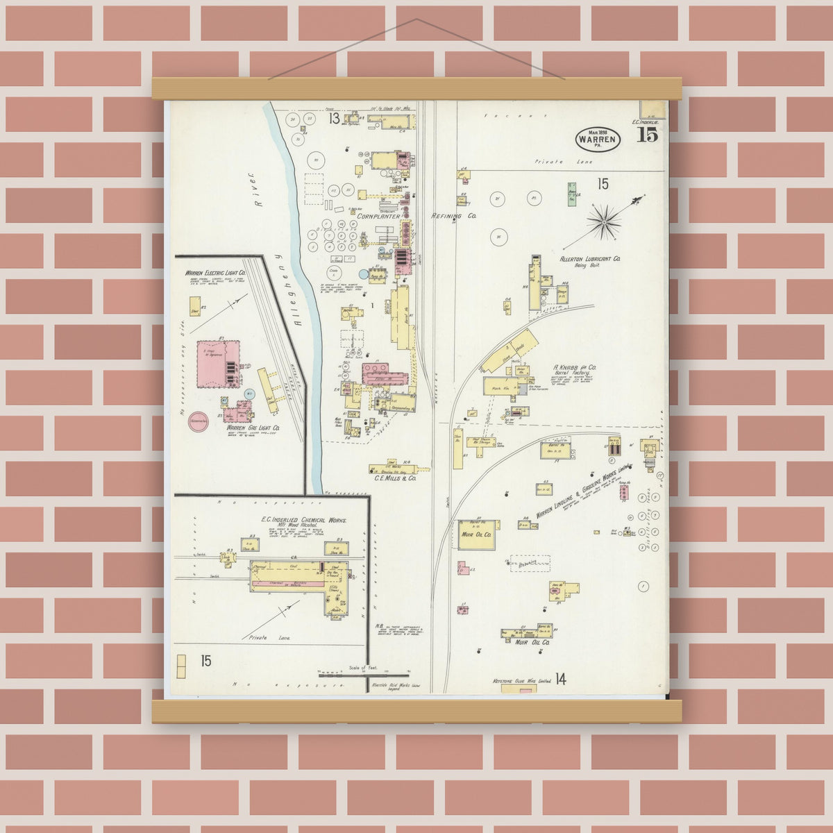 Old map wall art mockup — magnetic wood frame on brick wall — Sanborn Fire Insurance Map from Warren, Warren County, Pennsylvania (1898), Sheet #0015