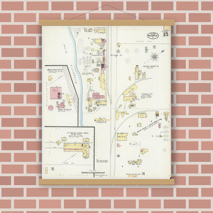 Old map wall art mockup — magnetic wood frame on brick wall — Sanborn Fire Insurance Map from Warren, Warren County, Pennsylvania (1898), Sheet #0015