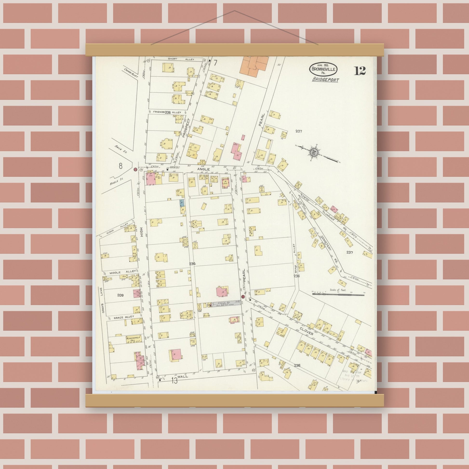 Old map wall art mockup — magnetic wood frame on brick wall — Sanborn Fire Insurance Map from Brownsville, Fayette County, Pennsylvania (1913), Sheet #0012