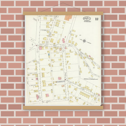 Old map wall art mockup — magnetic wood frame on brick wall — Sanborn Fire Insurance Map from Brownsville, Fayette County, Pennsylvania (1913), Sheet #0012