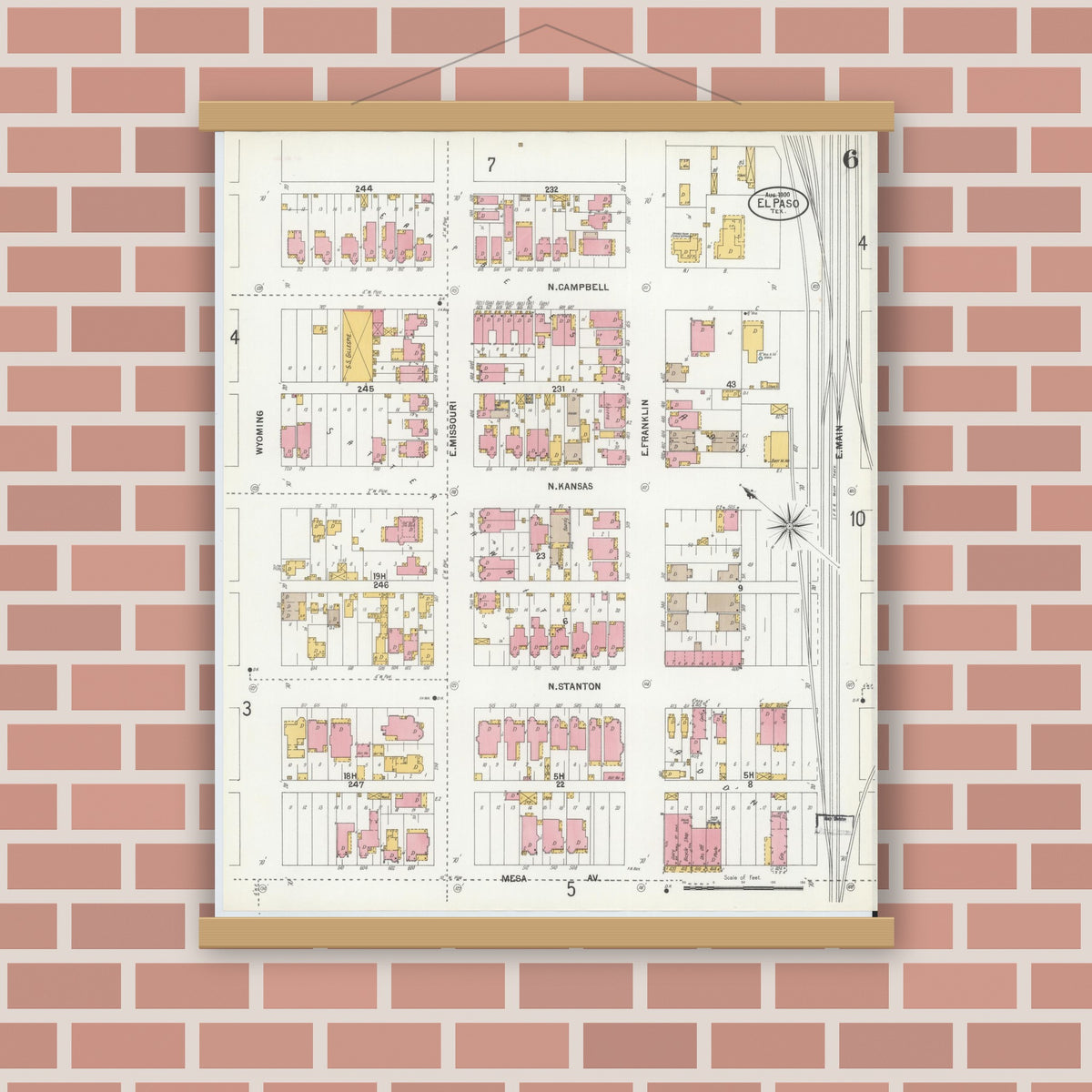 Old map wall art mockup — magnetic wood frame on brick wall — Sanborn Fire Insurance Map from El Paso, El Paso County, Texas (1900), Sheet #0006