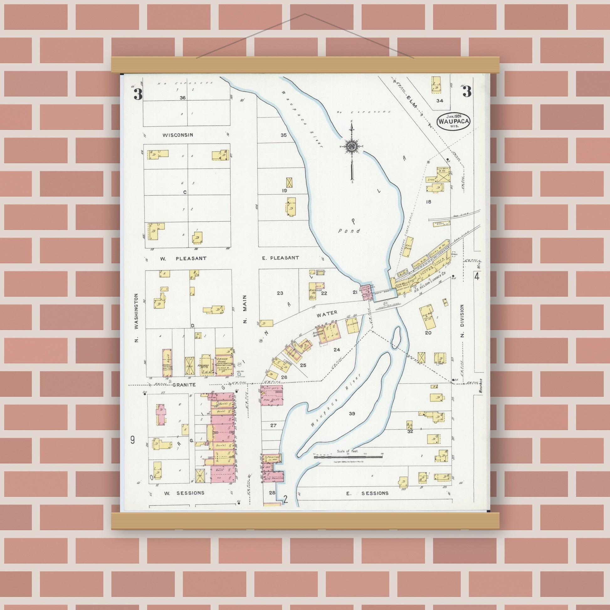Old map wall art mockup — magnetic wood frame on brick wall — Sanborn Fire Insurance Map from Waupaca, Waupaca County, Wisconsin (1924), Sheet #0003