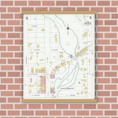 Old map wall art mockup — magnetic wood frame on brick wall — Sanborn Fire Insurance Map from Waupaca, Waupaca County, Wisconsin (1924), Sheet #0003