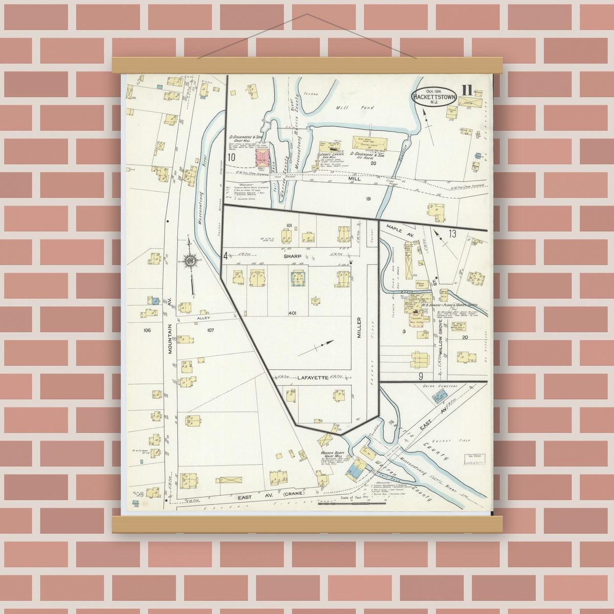 Old map wall art mockup — magnetic wood frame on brick wall — Sanborn Fire Insurance Map from Hackettstown, Warren County, New Jersey (1914), Sheet #0011