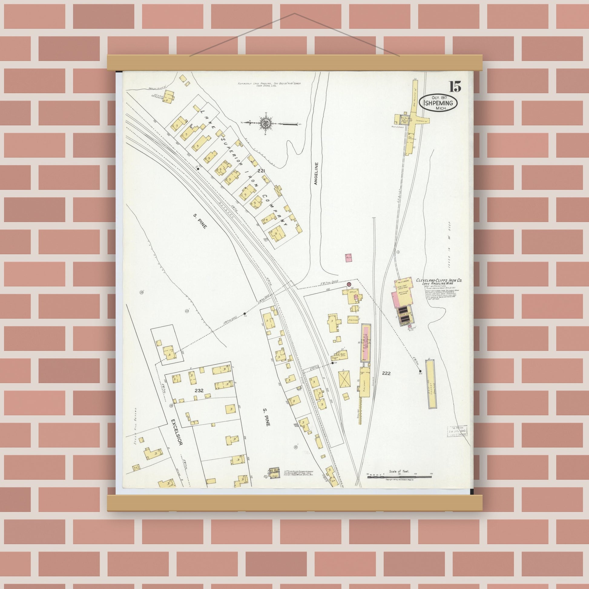 Old map wall art mockup — magnetic wood frame on brick wall — Sanborn Fire Insurance Map from Ishpeming, Marquette County, Michigan (1917), Sheet #0015