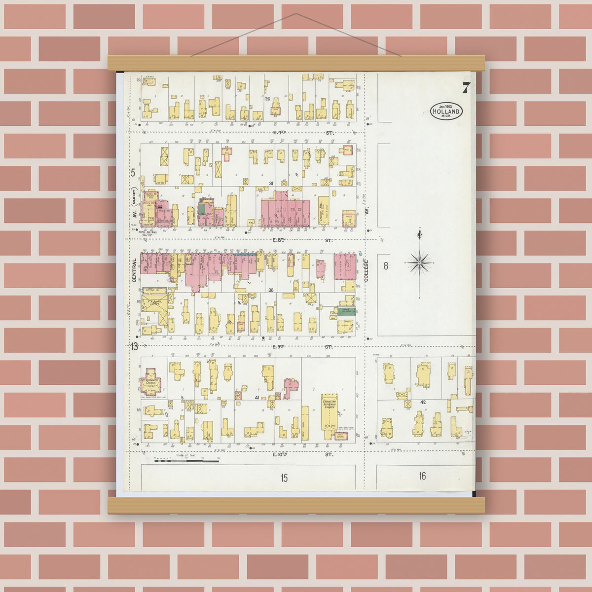 Old map wall art mockup — magnetic wood frame on brick wall — Sanborn Fire Insurance Map from Holland, Ottawa County, Michigan (1902), Sheet #0007