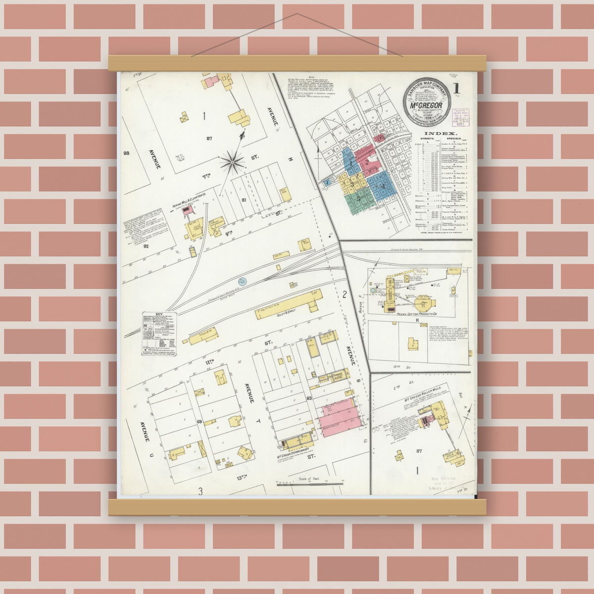 Old map wall art mockup — magnetic wood frame on brick wall — Sanborn Fire Insurance Map from McGregor, McLennan County, Texas (1904), Sheet #0001
