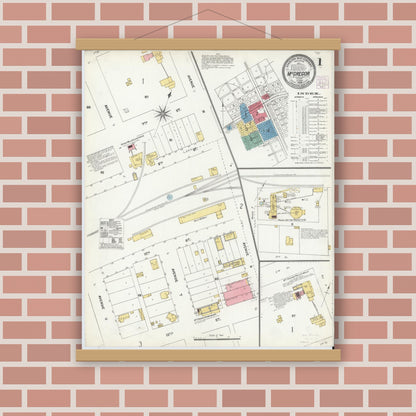 Old map wall art mockup — magnetic wood frame on brick wall — Sanborn Fire Insurance Map from McGregor, McLennan County, Texas (1904), Sheet #0001