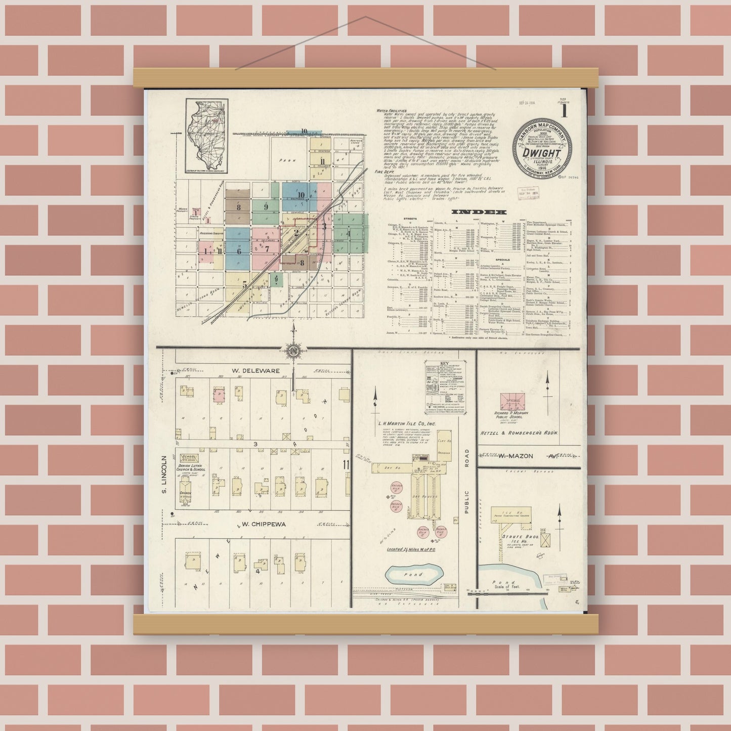 Old map wall art mockup — magnetic wood frame on brick wall — Sanborn Fire Insurance Map from Dwight, Livingston County, Illinois (1914), Sheet #0001