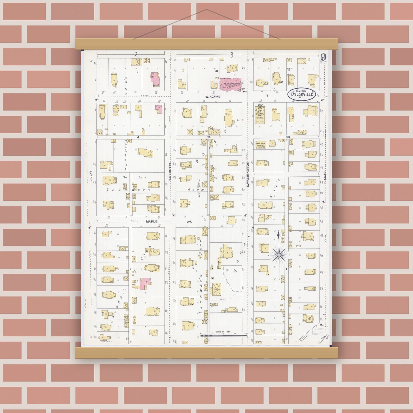 Old map wall art mockup — magnetic wood frame on brick wall — Sanborn Fire Insurance Map from Taylorville, Christian County, Illinois (1906), Sheet #0009
