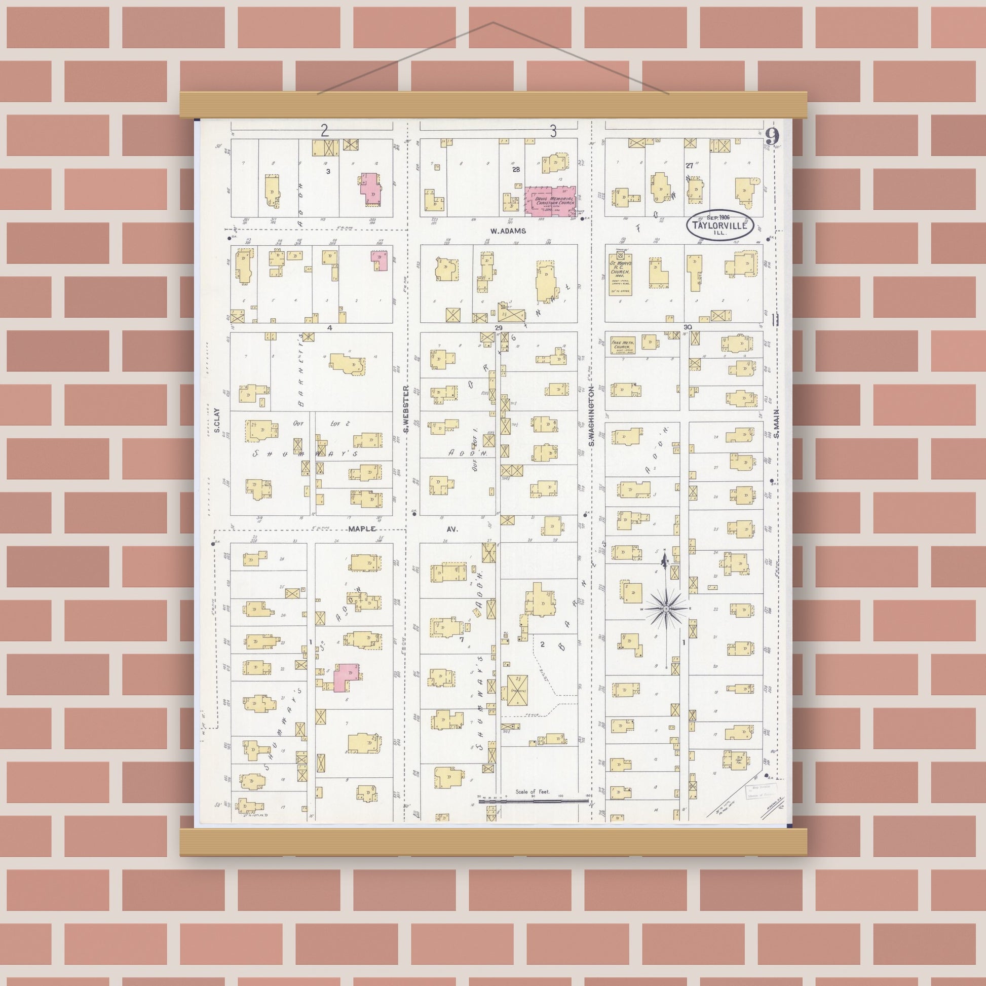 Old map wall art mockup — magnetic wood frame on brick wall — Sanborn Fire Insurance Map from Taylorville, Christian County, Illinois (1906), Sheet #0009