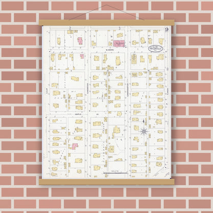 Old map wall art mockup — magnetic wood frame on brick wall — Sanborn Fire Insurance Map from Taylorville, Christian County, Illinois (1906), Sheet #0009