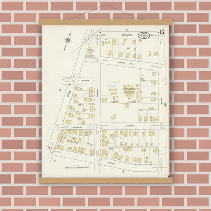 Old map wall art mockup — magnetic wood frame on brick wall — Sanborn Fire Insurance Map from Kane, McKean County, Pennsylvania (1915), Sheet #0015