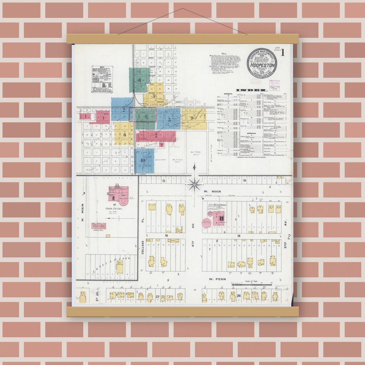 Old map wall art mockup — magnetic wood frame on brick wall — Sanborn Fire Insurance Map from Hoopeston, Vermilion County, Illinois (1906) - Complete Map Set