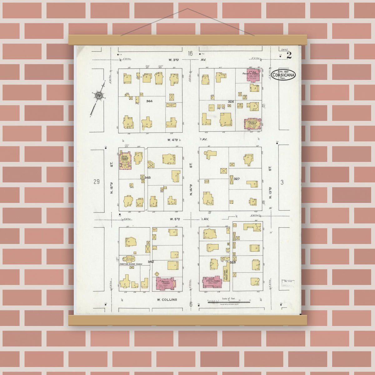 Old map wall art mockup — magnetic wood frame on brick wall — Sanborn Fire Insurance Map from Corsicana, Navarro County, Texas (1921), Sheet #0002