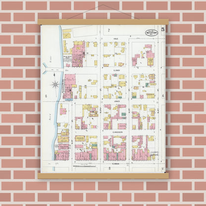 Old map wall art mockup — magnetic wood frame on brick wall — Sanborn Fire Insurance Map from Watertown, Jefferson County, Wisconsin (1901), Sheet #0005
