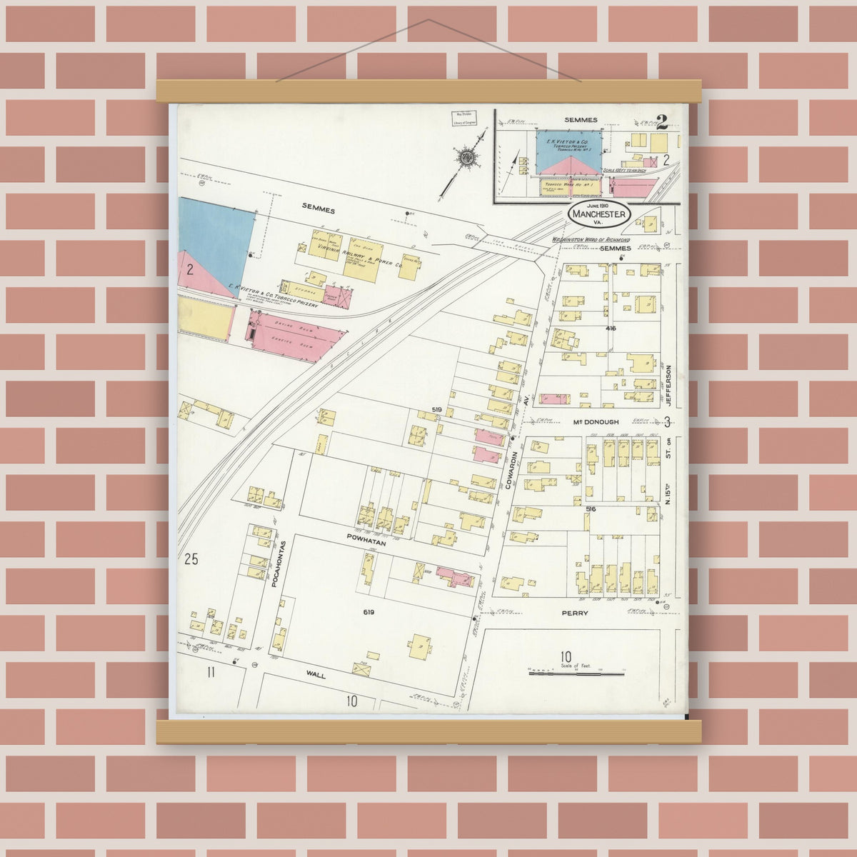 Old map wall art mockup — magnetic wood frame on brick wall — Sanborn Fire Insurance Map from Manchester, Chesterfield County, Virginia (1910), Sheet #0002