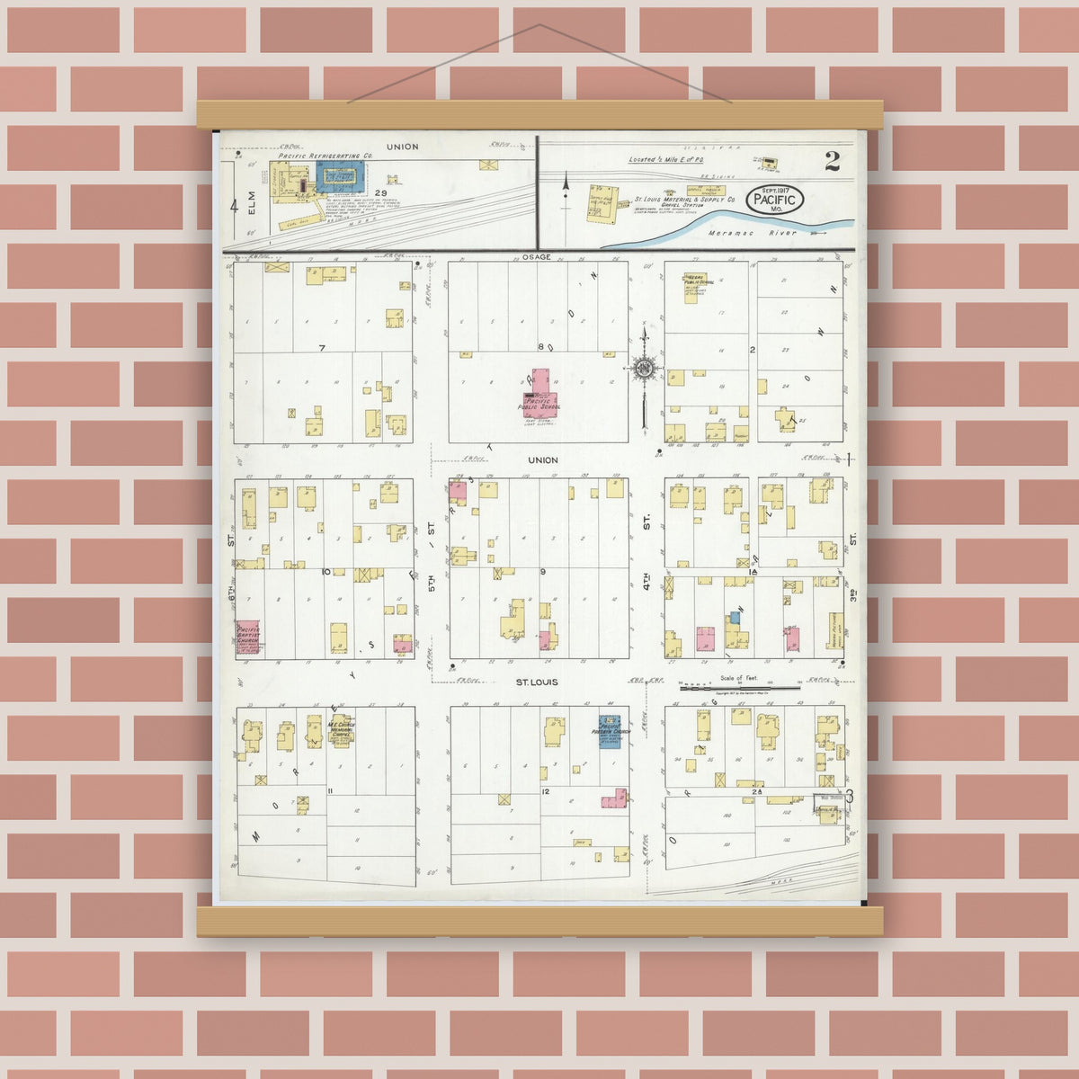 Old map wall art mockup — magnetic wood frame on brick wall — Sanborn Fire Insurance Map from Pacific, Franklin County, Missouri (1917), Sheet #0002